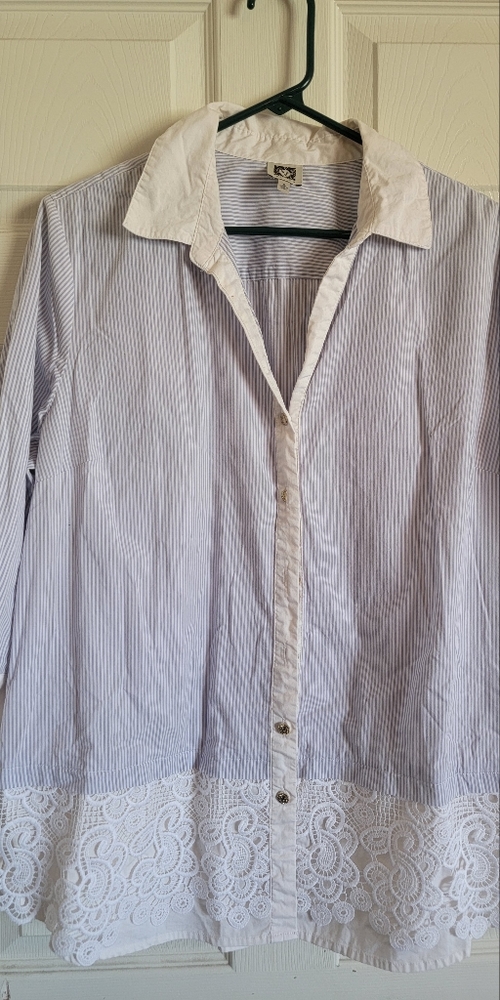 Womens button up by Anne Klein. Blue and white striped with a lace bottom.